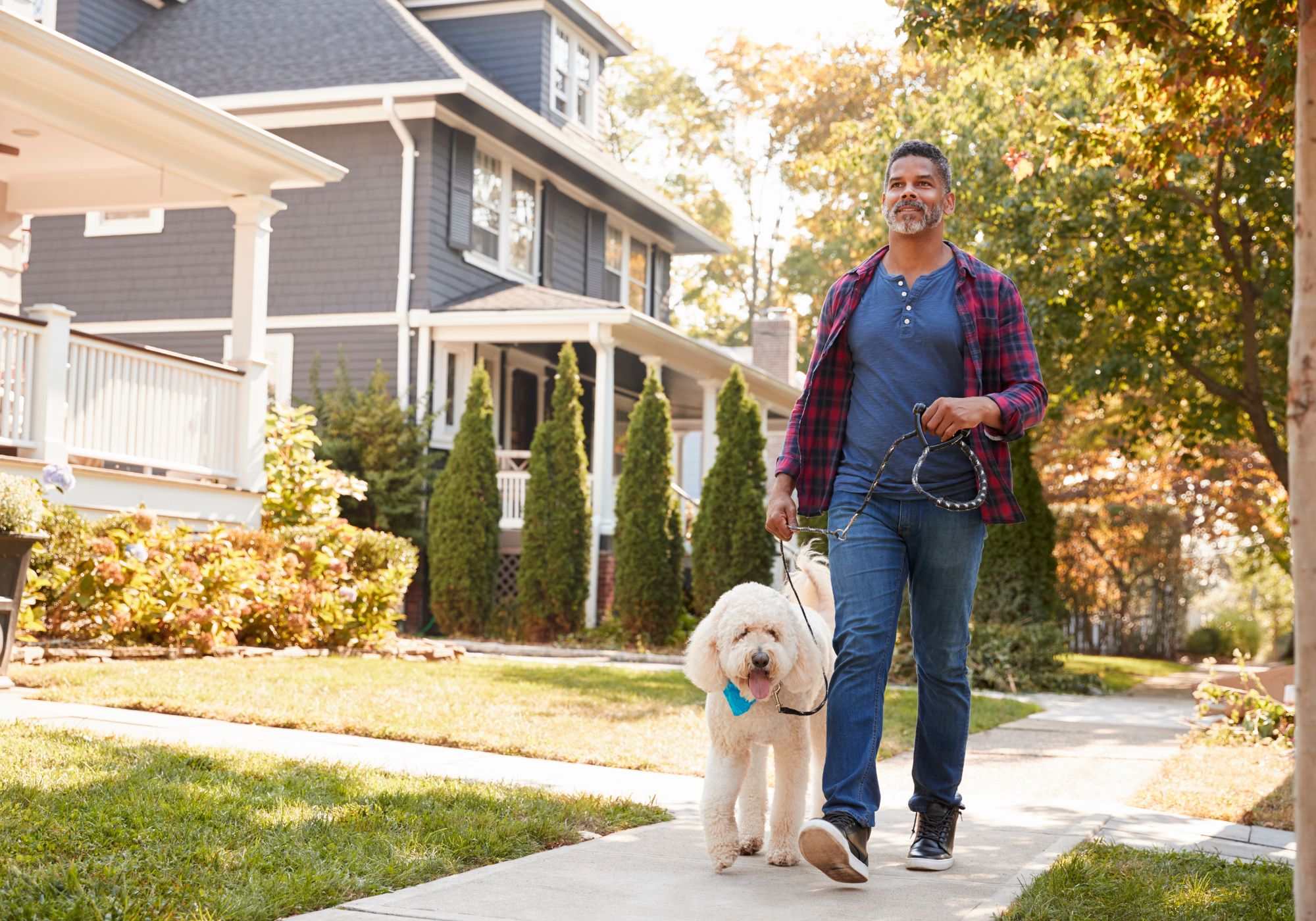 a man walking a dog on a sidewalk